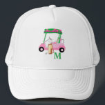 Unique Charming Pink Golf Cart Clubs Monogram   Trucker Hat<br><div class="desc">A charming unique golf cart -- pink and green -- tastefully done -- ready to run the course -- hat --This is a great gift for all golf lovers -- fun / attractive / unique. Personalize it with your/her initials/monogram. If you have any design questions or a special request, please...</div>