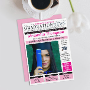 Unique Chic Hot Pink Newspaper Graduate Degree Invitation