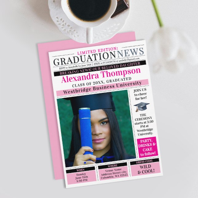 Unique Chic Hot Pink Newspaper Graduate Degree Invitation (Creator Uploaded)