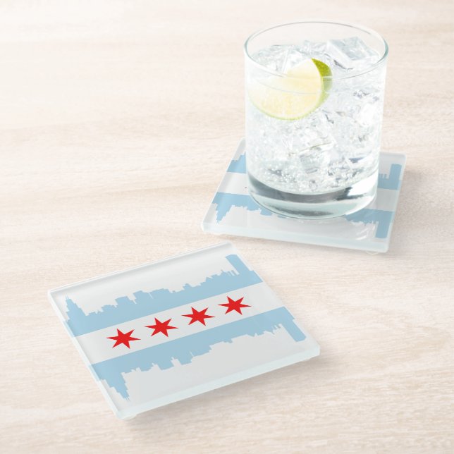 Unique Chicago Skyline Flag Glass Coaster (Angled)