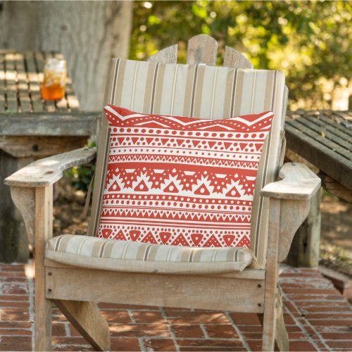 Unique Chili Red Cream Ivory Zigzag Tribal Art Outdoor Pillow