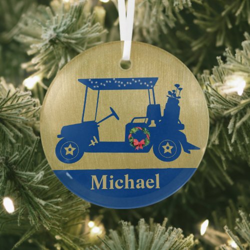 Unique Christmas Golf Cart with Clubs First Name  Glass Ornament