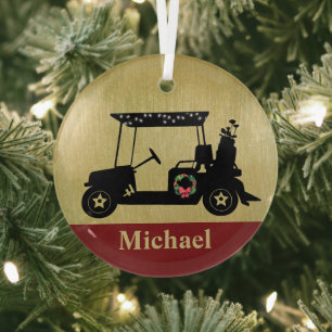 Unique Christmas Golf Cart with Clubs First Name Glass Ornament