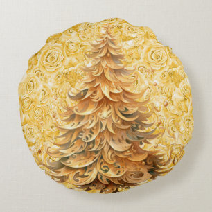 Unique Christmas Tree on Gold Roses Round Pillow