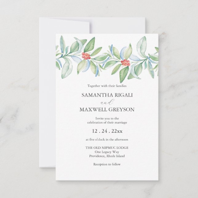 Unique Christmas Wedding Invitations Watercolor (Front)