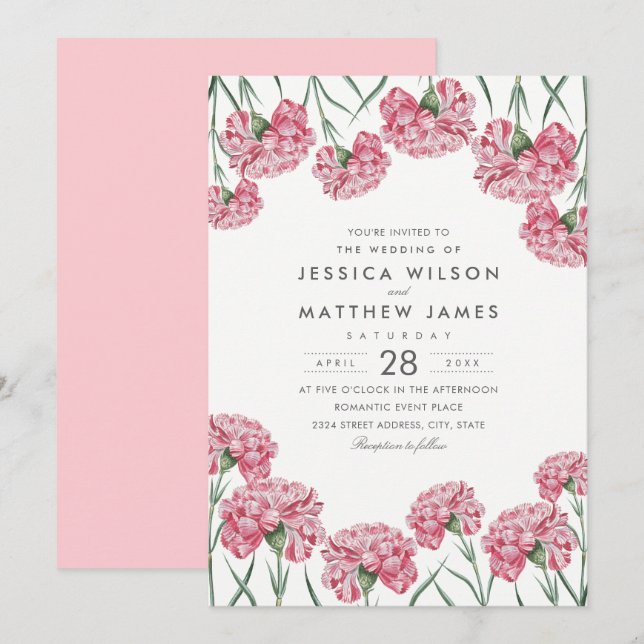 Unique Classic Pink Flowers Elegant Floral Wedding Invitation (Front/Back)