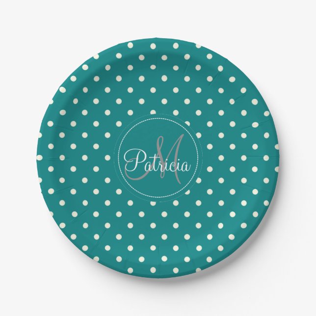 Unique & Classy Monogram Teal And White Polka Dots Paper Plates (Front)