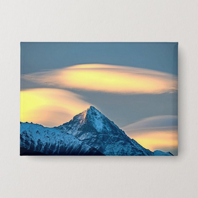 Unique Clouds Over Snow Covered Mountains Button (Front)