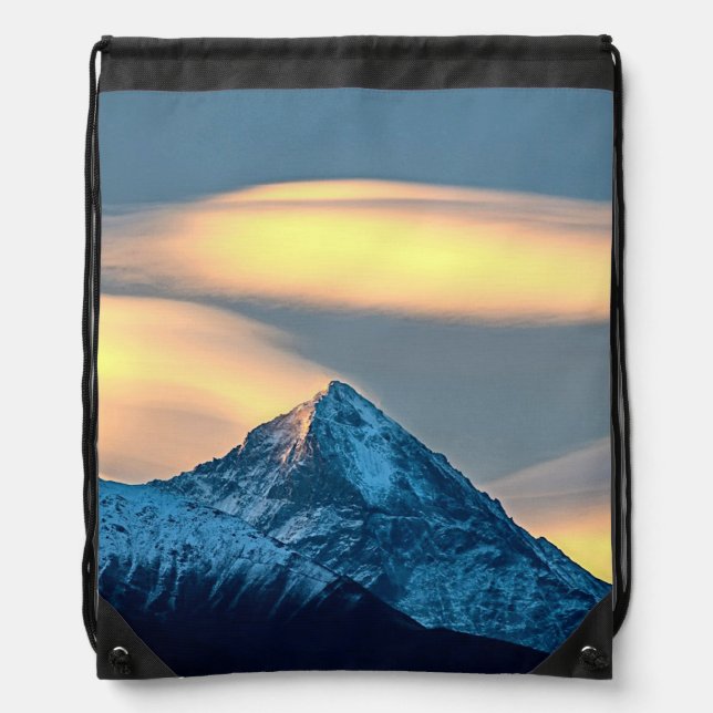 Unique Clouds Over Snow Covered Mountains Drawstring Bag (Front)