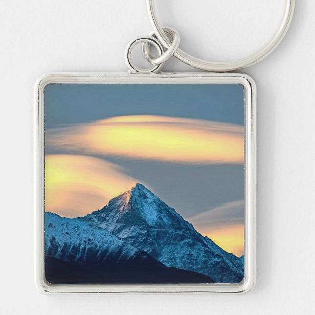 Unique Clouds Over Snow Covered Mountains Keychain (Front)