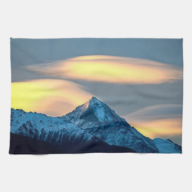 Unique Clouds Over Snow Covered Mountains Kitchen Towel (Horizontal)