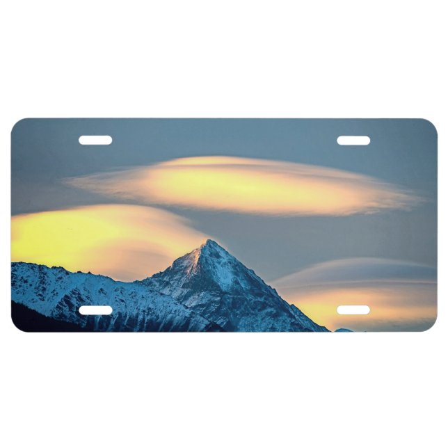 Unique Clouds Over Snow Covered Mountains License Plate (Front)