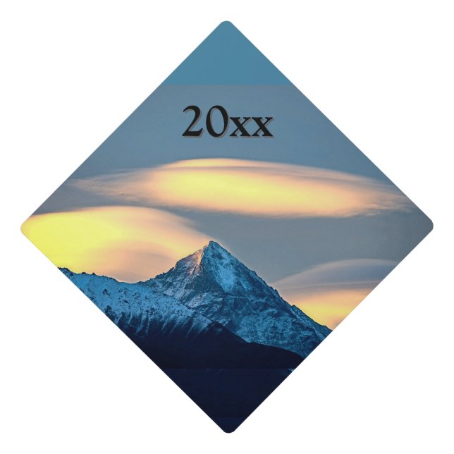 Unique Clouds Over Snow Covered Mountains w Year Graduation Cap Topper (Front)