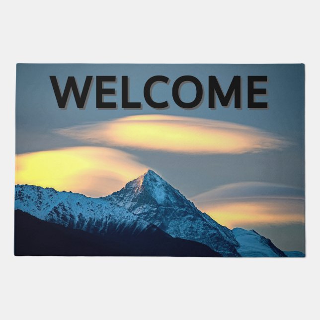 Unique Clouds Over Snow Covered Mountains Welcome Doormat (Front)