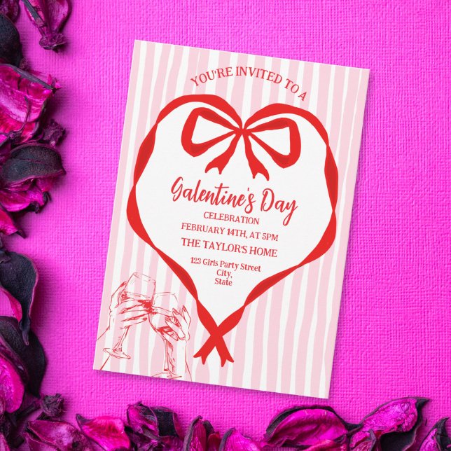 Unique Cocktail Galentine's Day Party Brunch  Invitation (red and pink Galentine's party invitation with a heart shaped bow)