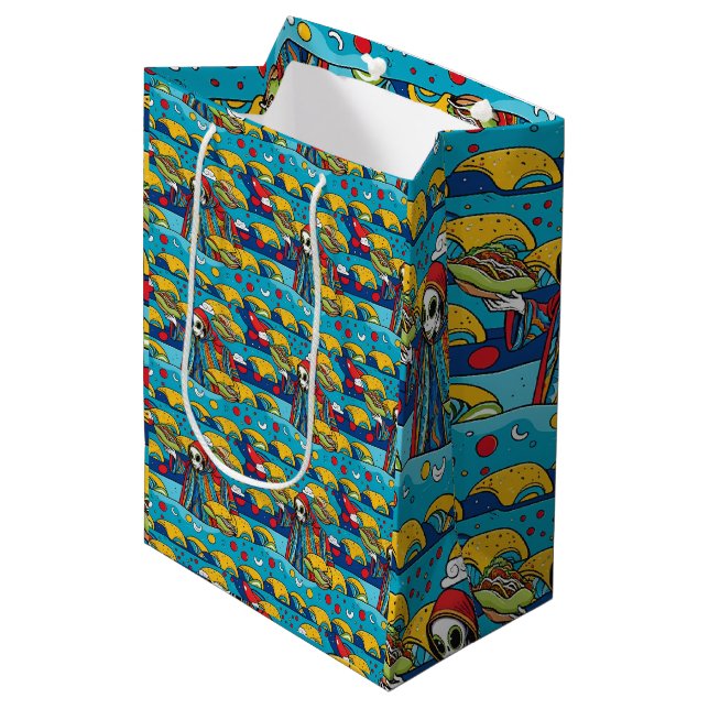 Unique Colorful Alien eating Tacos Wrapping Paper Medium Gift Bag (Front Angled)