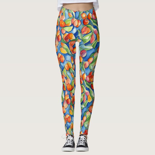 Unique Colorful Apricot Fruits Summer Watercolor Leggings (Front)