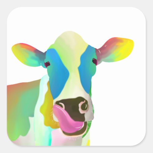 Unique colorful cow square sticker