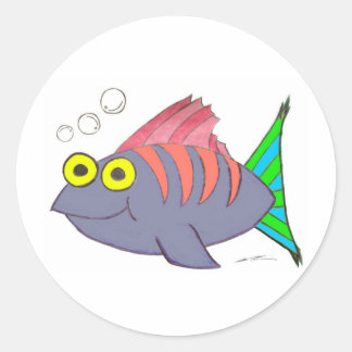 Unique Colorful Fish Cartoon with Bubbles Classic Round Sticker