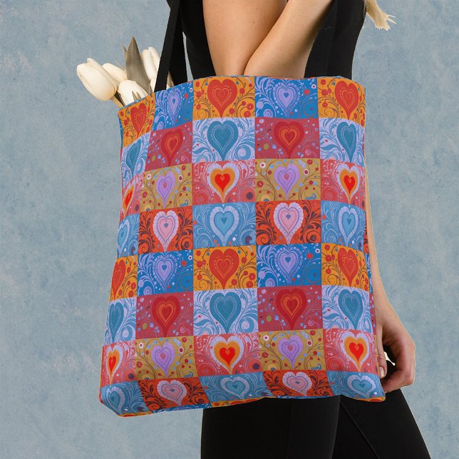 Unique Colorful Heart Love Patchwork Pattern Tote Bag (Creator Uploaded)