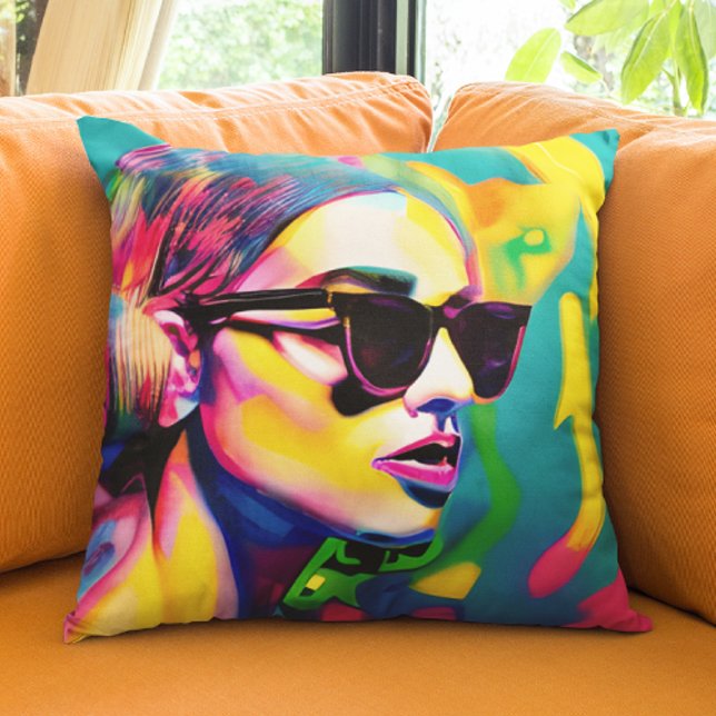 Unique Colorful Lady in Sunglasses Art Throw Pillow (Creator Uploaded)