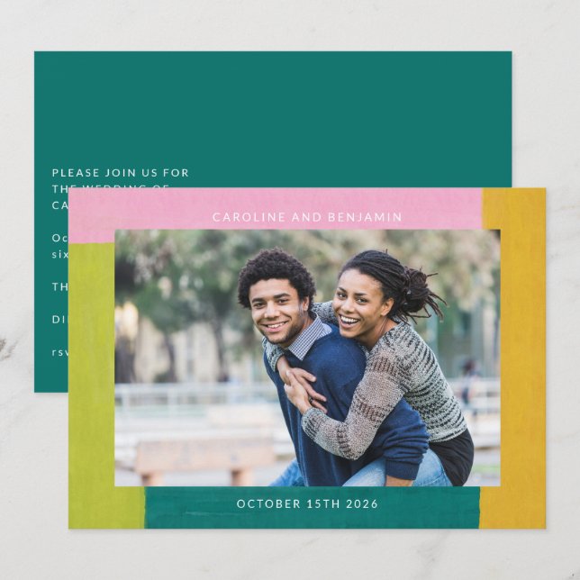 Unique Colorful Shapes Trendy Couple Photo Wedding Invitation (Front/Back)