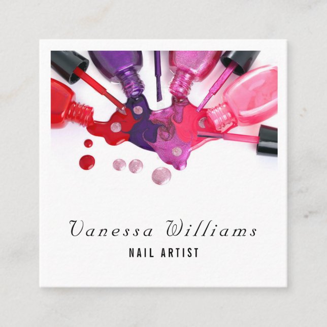 Unique Colorful Splash Nail Polish Artist  Square Business Card (Front)