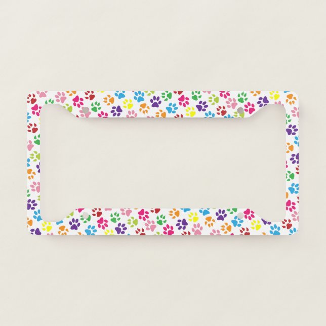 Unique Colourful Dogs And Cats Paws Pattern License Plate Frame (Front)
