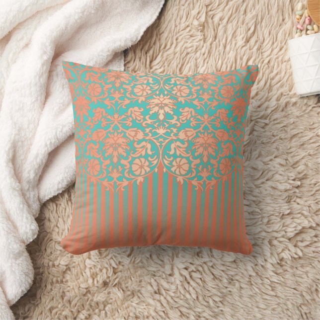 Unique Coral and Teal Damask Throw Pillow (Blanket)