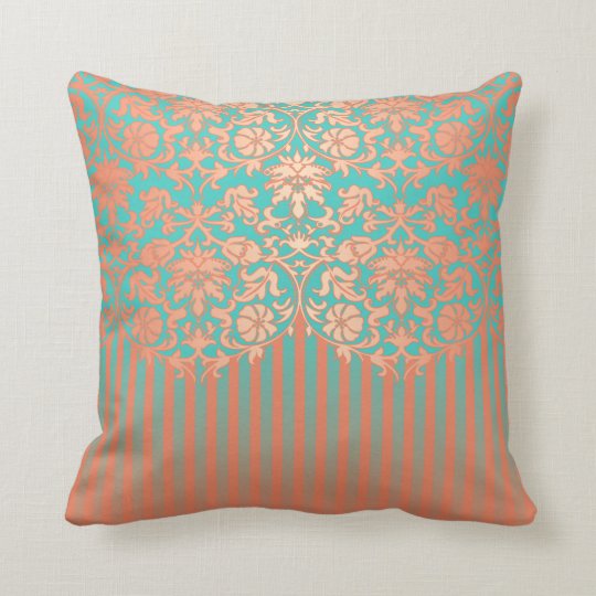 Unique Coral and Teal Damask Throw Pillow