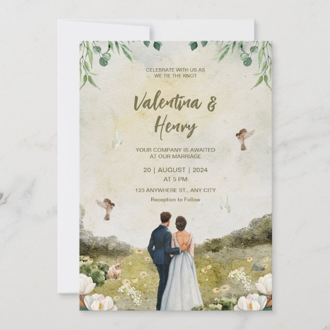 Unique Couple Illustration Wedding Invitation (Front)
