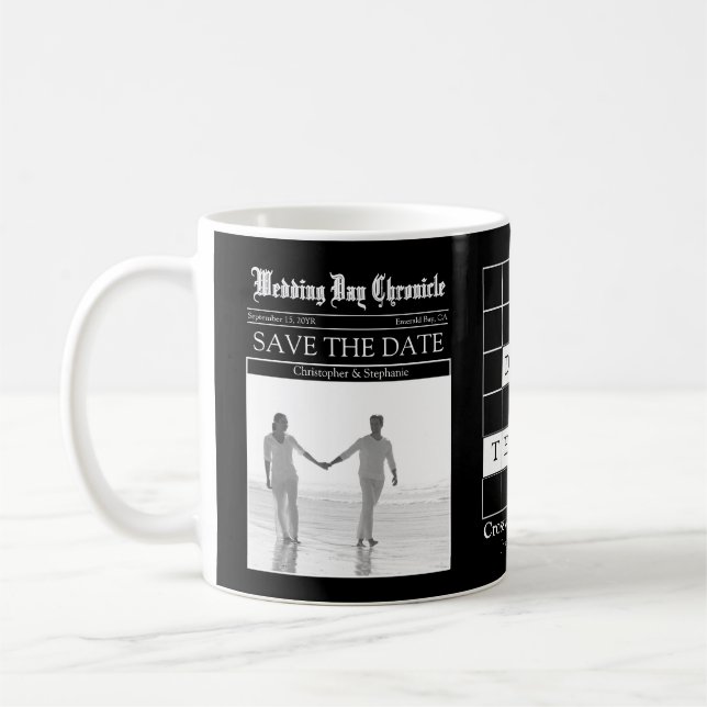 Unique Custom Black Newspaper Save the Date Coffee Mug (Left)