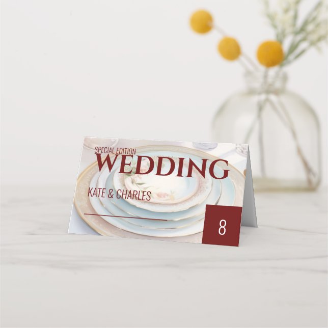 Unique Custom Magazine Style Folded Place Card (Front)