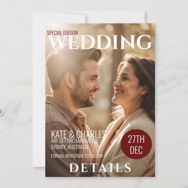 Unique Custom Magazine Style wedding details Invitation (Front)