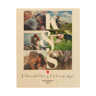 Unique Custom Photo Collage Couples Newlywed Wood Wall Art