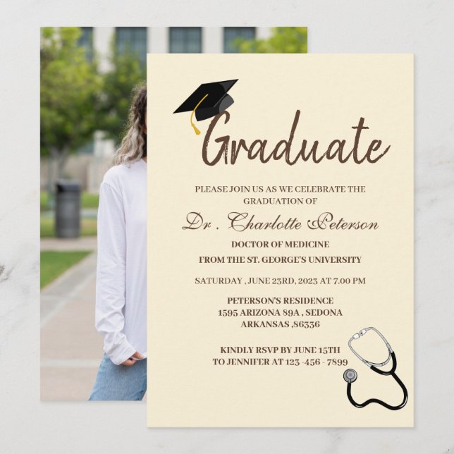 Unique Custom Photo Doctor Graduation  Invitation (Front/Back)