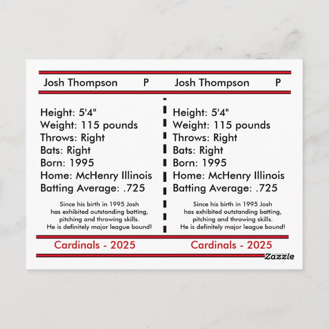 Unique Customizable Baseball Card (Back)