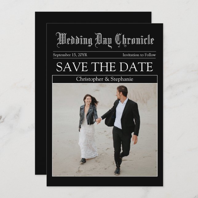 Unique Customizable Minimalist QR Code Newspaper Save The Date (Front/Back)