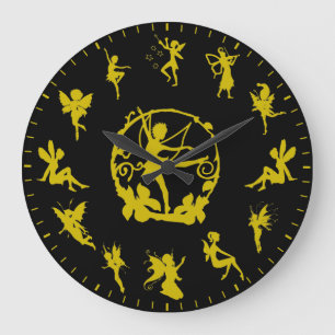 Unique Cute Fairy Gold Silhouettes Themed Large Clock