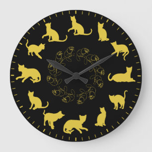 Unique Cute Gold Cat Silhouettes Themed Large Clock