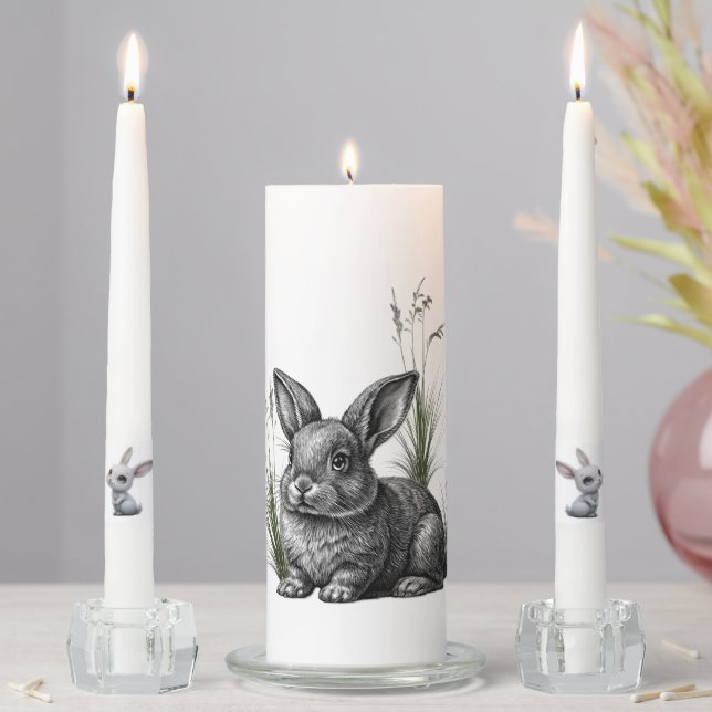 Unique Cute Gray Rabbit Bunnies Easter Unity Candle Set (In Situ)
