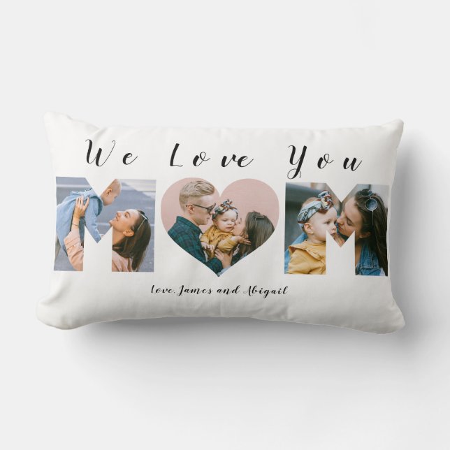 Unique Cute Heart We Love You Mom 3 Photo Collage Lumbar Pillow (Front)