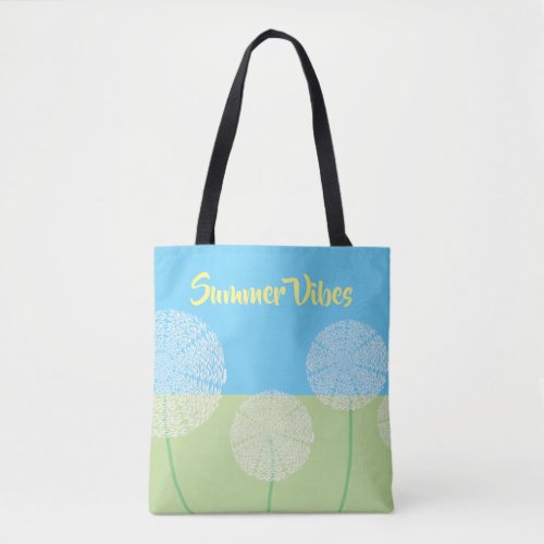 Unique Dandelion Summer Art Design Blue Green Tote Bag
