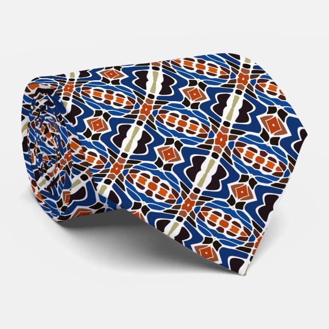 Unique Dark Blue Orange Brown Black Tribal Art Neck Tie (Rolled)
