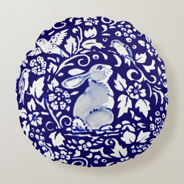 Unique Dark Blue & White Rabbit Dedham Delft Round Pillow (Front)