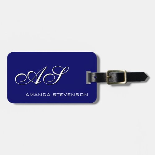 Unique Dark Blue White Script Monogram Luggage Tag