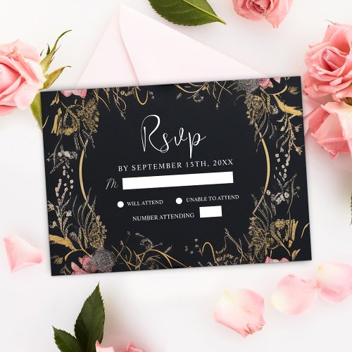 Unique Dark Gothic Black Floral Wedding RSVP Card