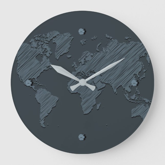 Unique Dark Gray Abstract World Map Design Large Clock (Front)