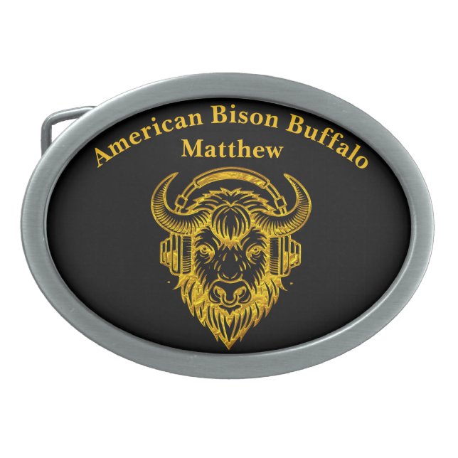 Unique Design of a Bison Wearing Headphones Belt Buckle (Front)
