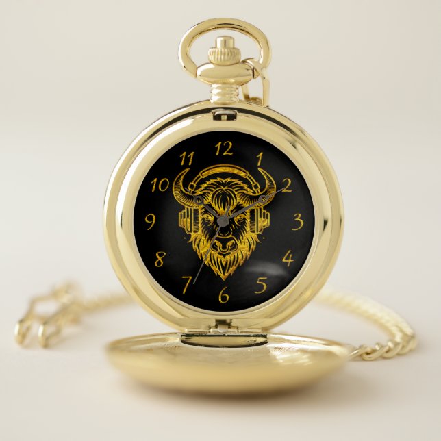 Unique Design of a Bison Wearing Headphones Pocket Watch (Inside)